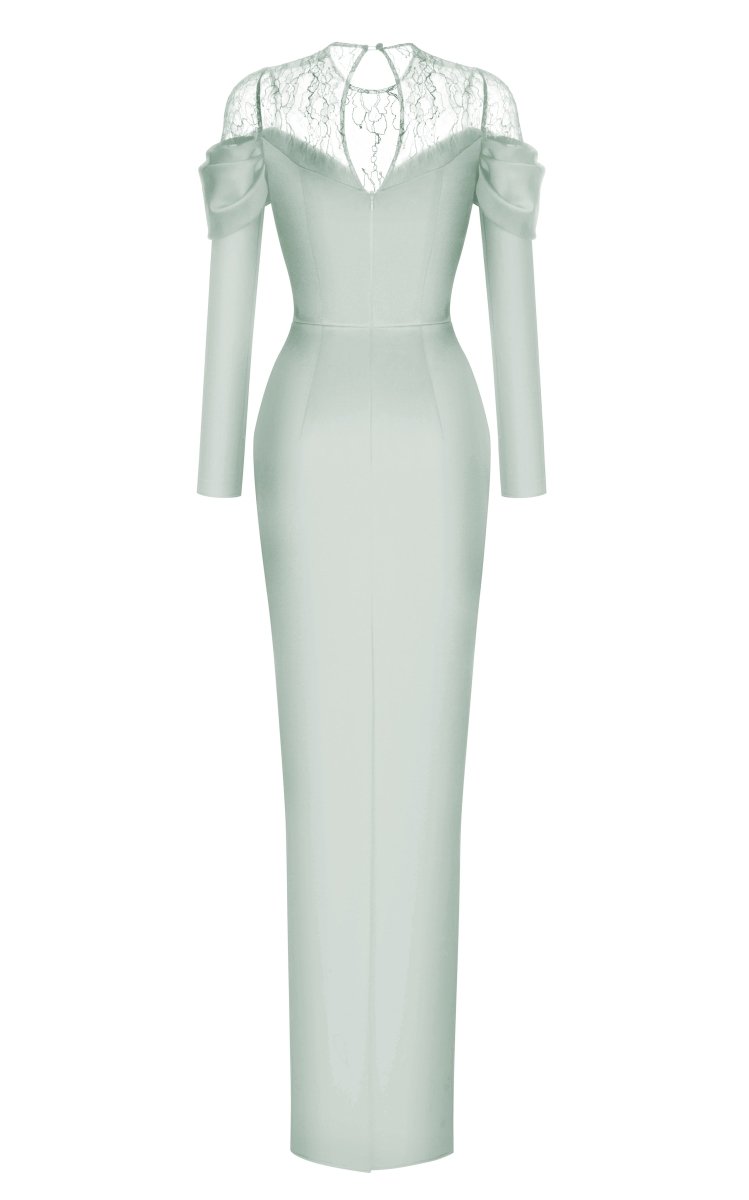 Lace and satin maxi dress with draped sleeves – Rasario