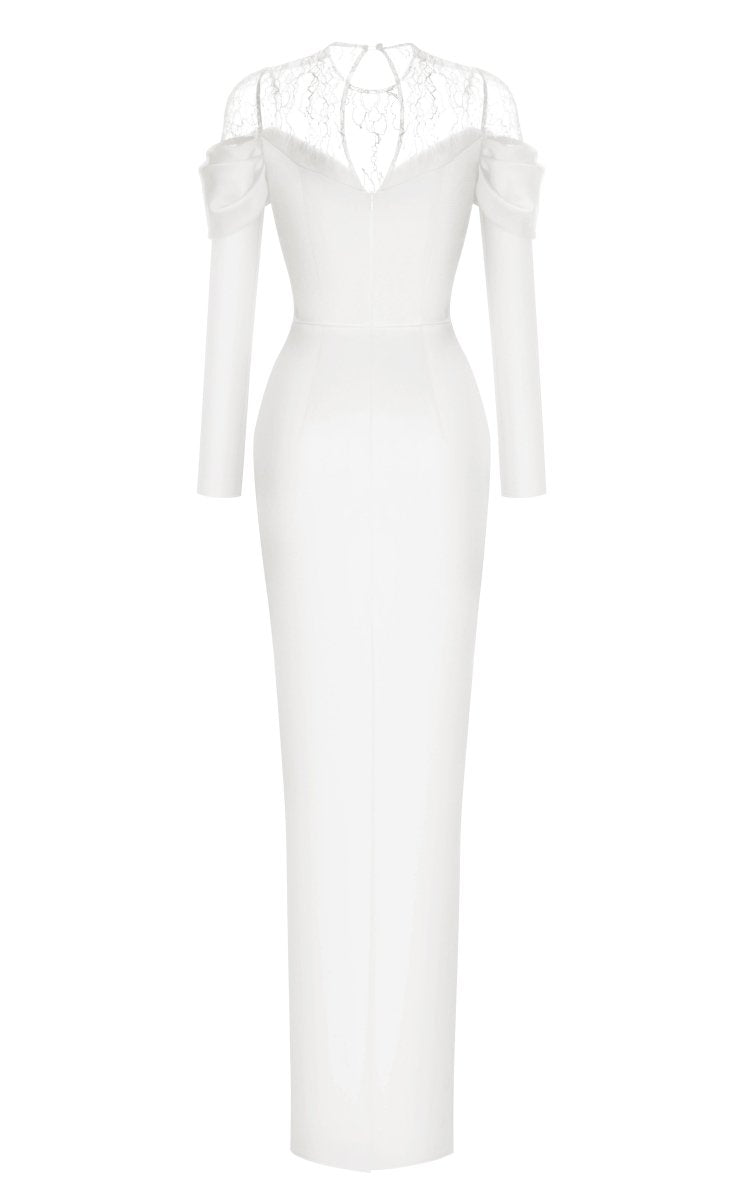 Lace and satin maxi dress with draped sleeves – Rasario