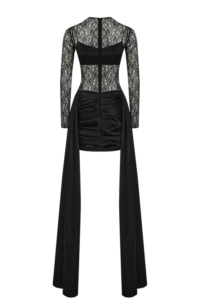 Lace and satin mini dress with a train and a covering top – Rasario
