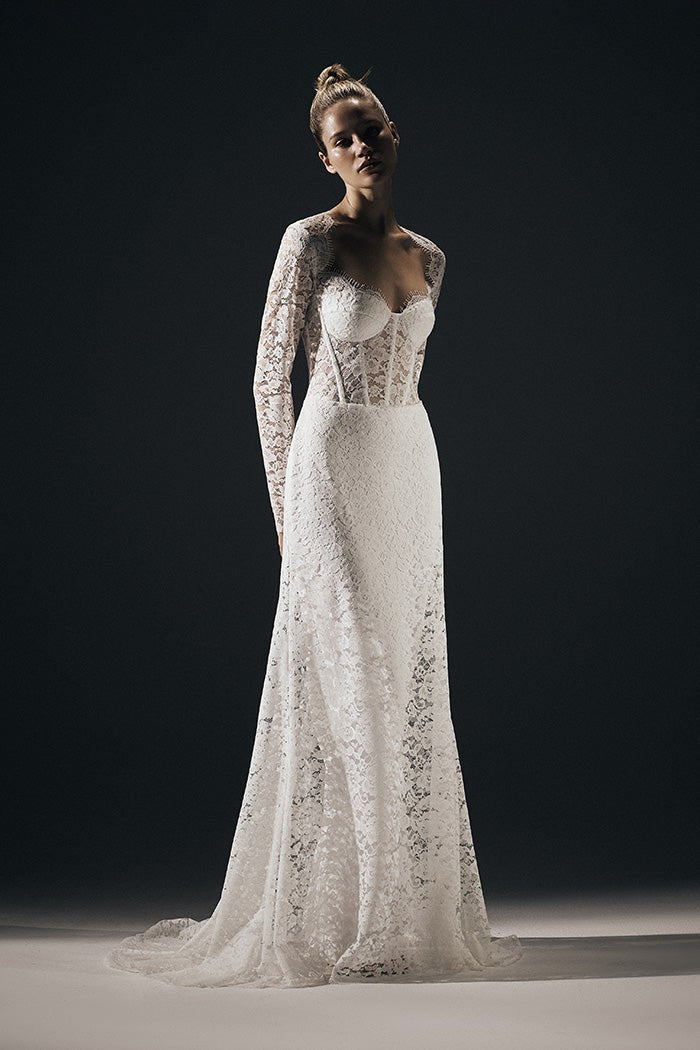 Lace corset maxi dress with a train – Rasario