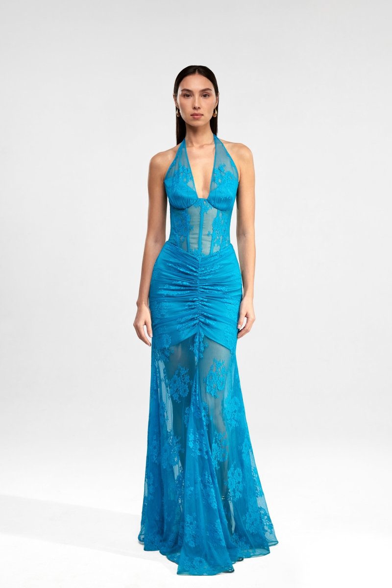 Lace corset maxi dress with draped skirt – Rasario
