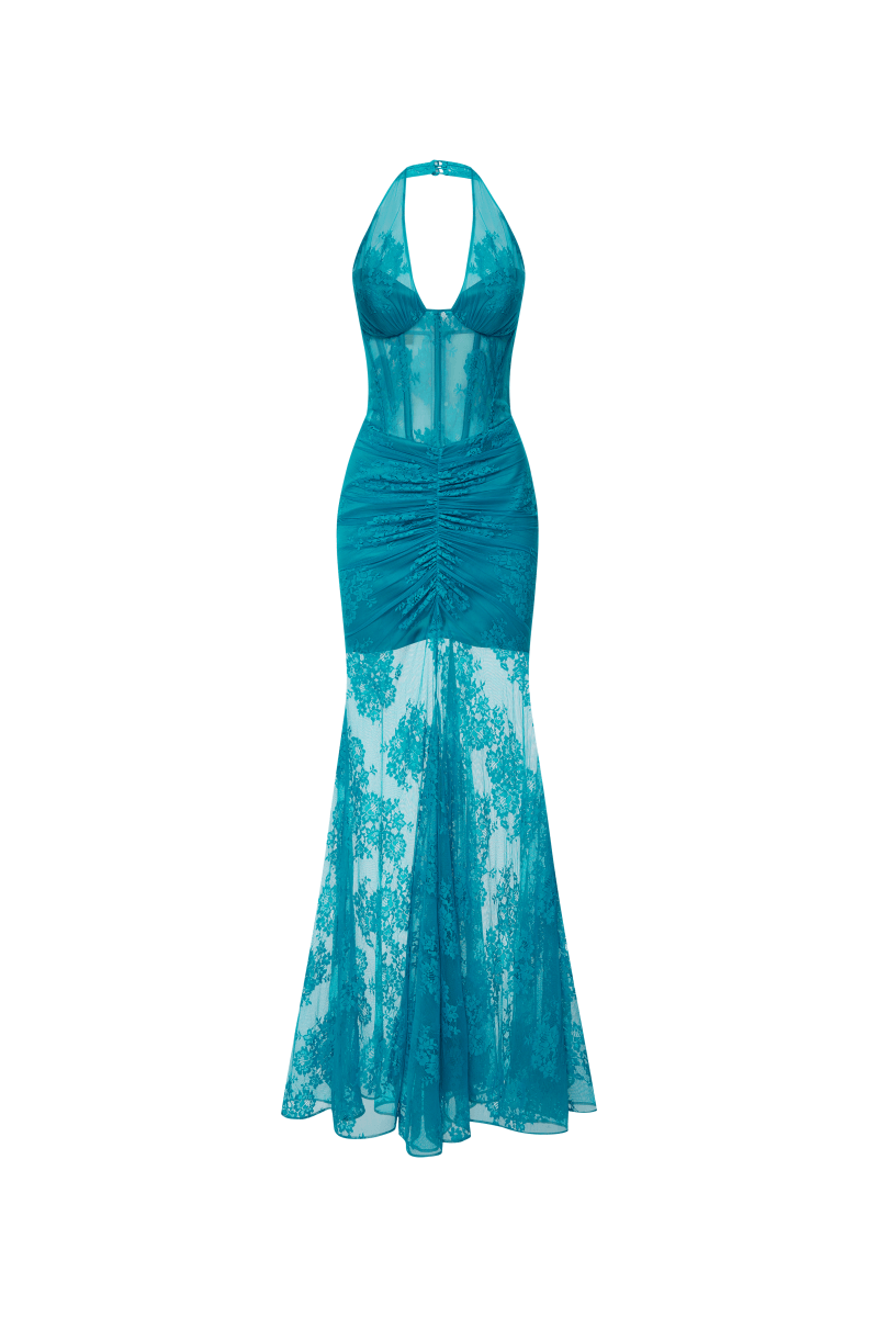 Lace corset maxi dress with draped skirt – Color: Turquoise – RASARIO Online Boutique 36 (FR) / Turquoise