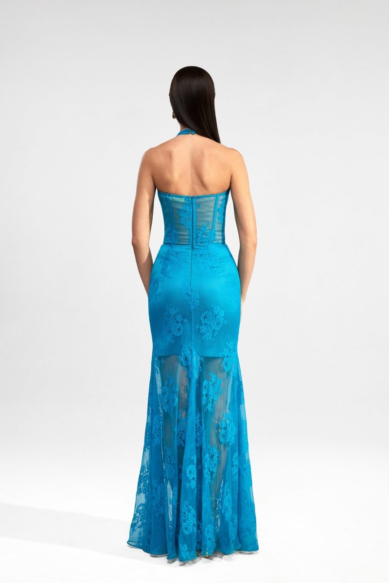 Lace corset maxi dress with draped skirt – Rasario