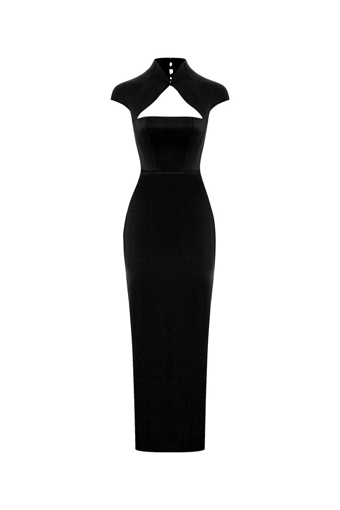 Long midi corset satin dress with a side slit – Color: Black – RASARIO Online Boutique 42 (FR) / Black