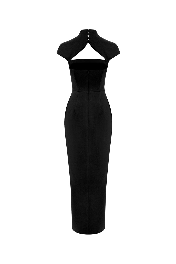 Long midi corset satin dress with a side slit – Rasario