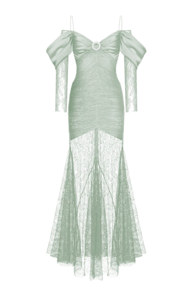 OFF-THE-SHOULDER BUCKLED AND DRAPED LACE AND SATIN GOWN – Rasario