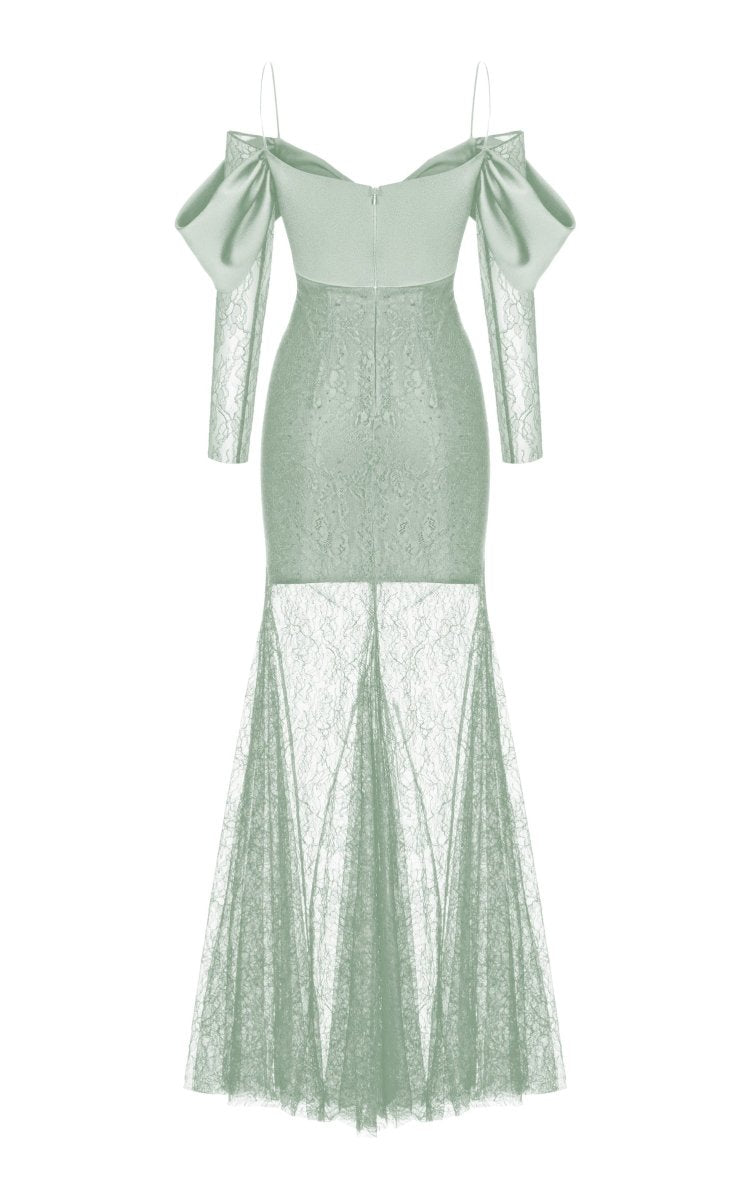 OFF-THE-SHOULDER BUCKLED AND DRAPED LACE AND SATIN GOWN – Rasario