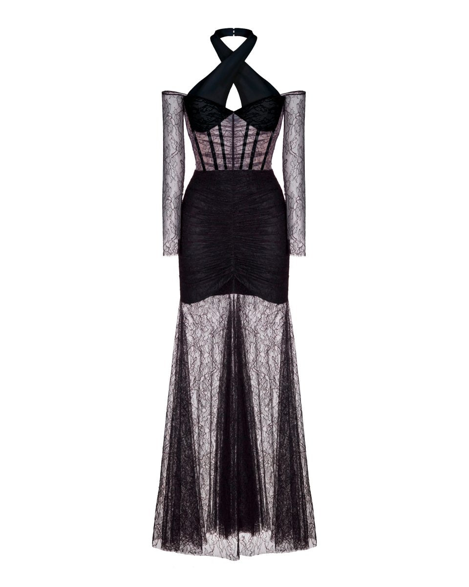 Off-the-shoulder crepe and lace corset maxi dress – Rasario
