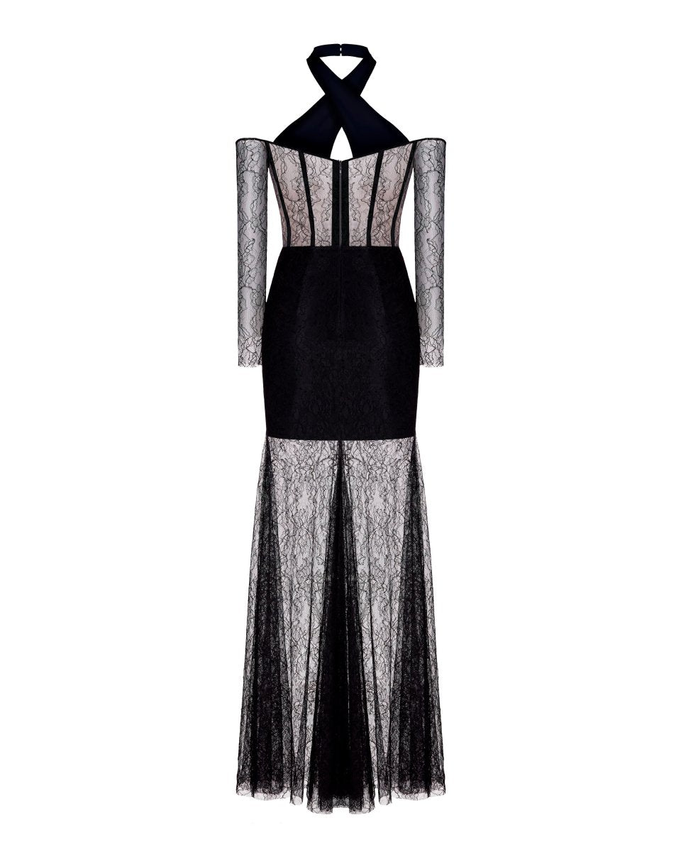 Off-the-shoulder crepe and lace corset maxi dress – Rasario