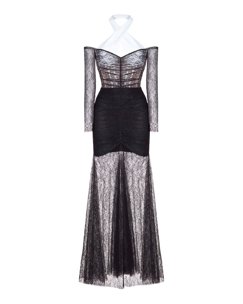 Off-the-shoulder crepe and lace corset maxi dress – Rasario