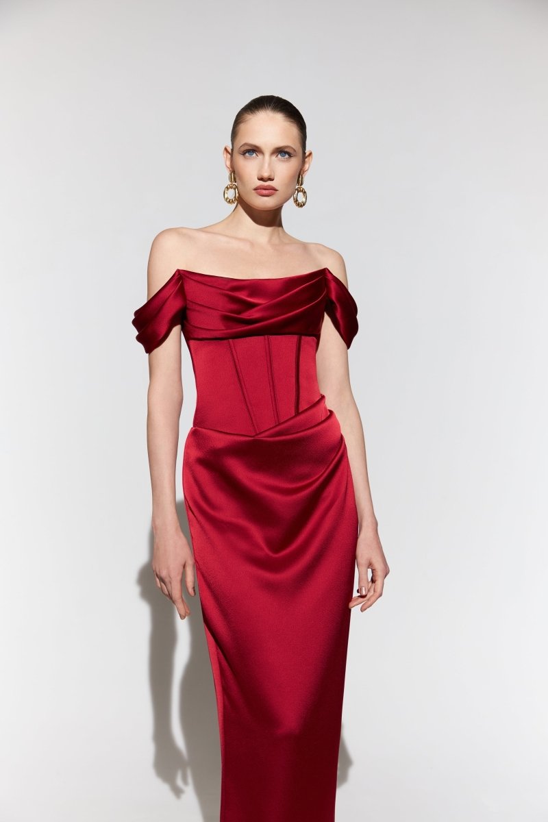 Off-the-shoulder draped corset satin gown – Color: Burgundy – RASARIO Online Boutique