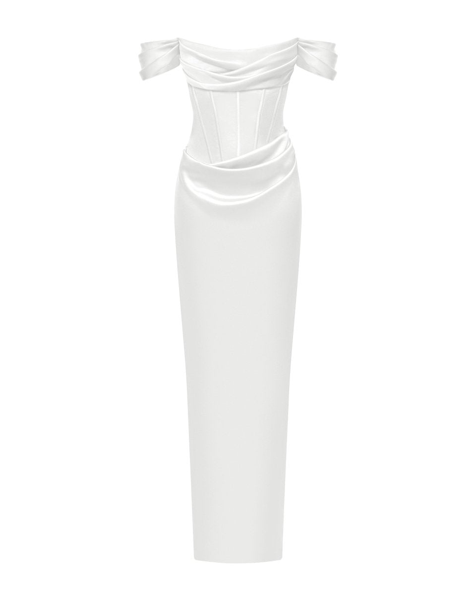 Off-the-shoulder draped corset satin gown – Rasario