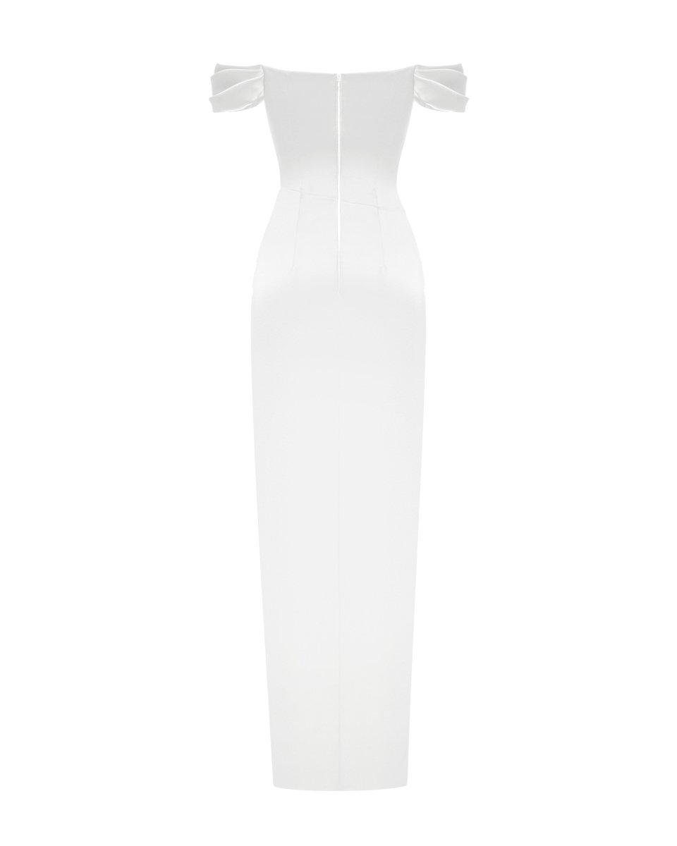 Off-the-shoulder draped corset satin gown – Rasario