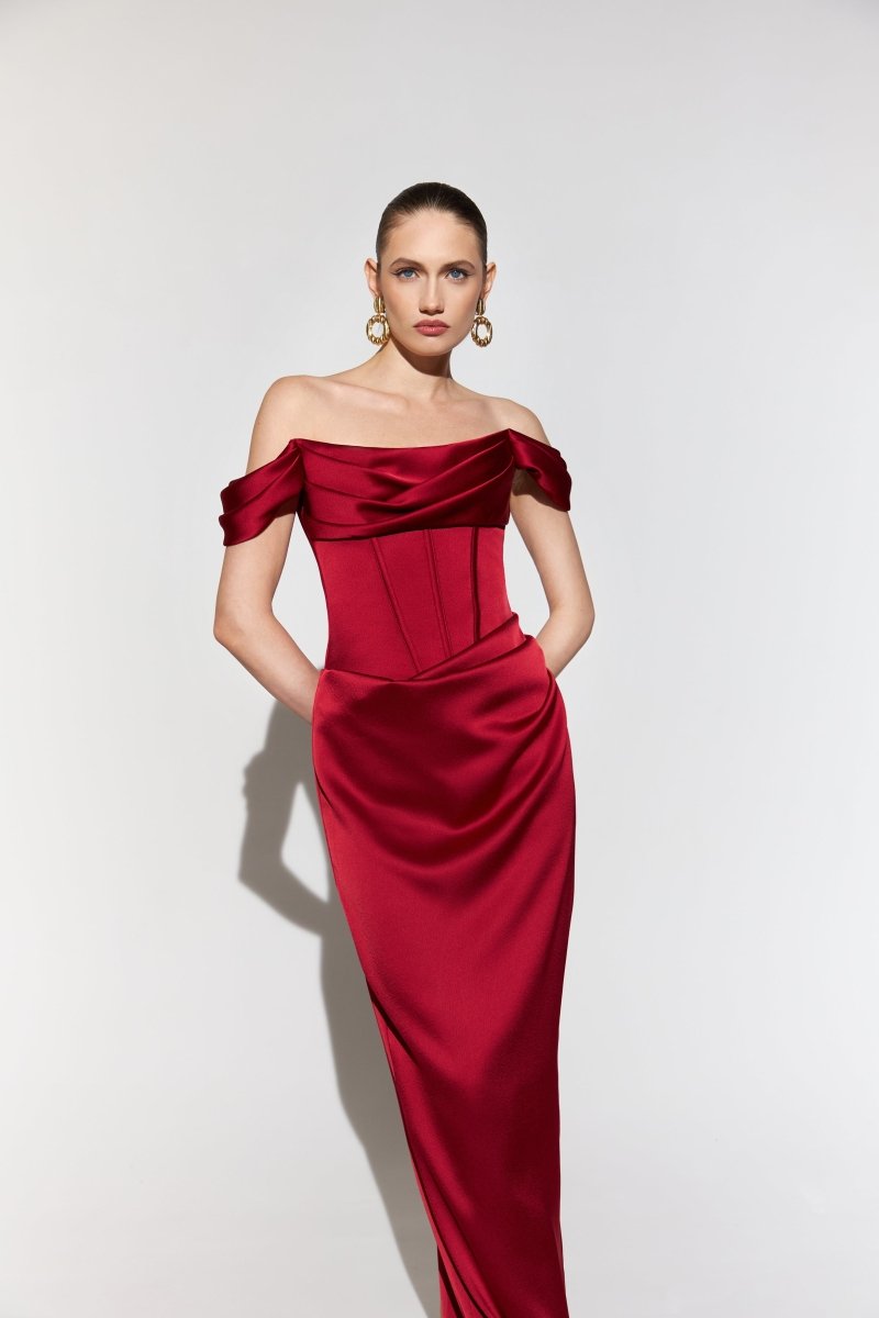 Off-the-shoulder draped corset satin gown – Rasario