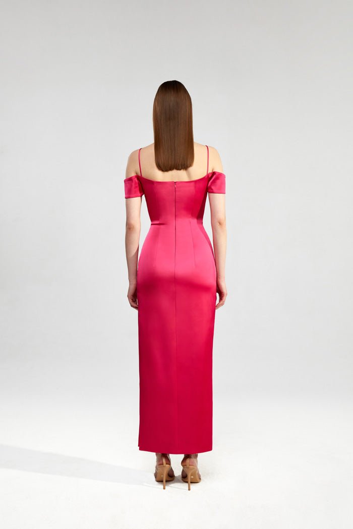 Off-the-shoulder draped satin long midi dress – Rasario