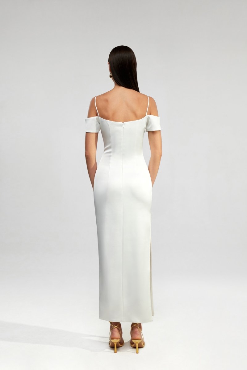 Off-the-shoulder draped satin long midi dress – Rasario