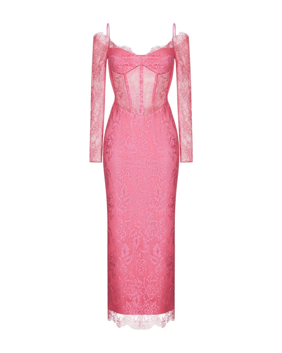 Off-the shoulder lace and satin corset midi dress – Rasario