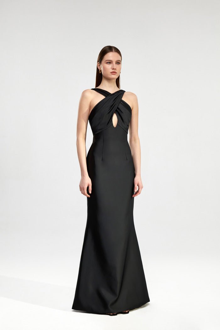 Open-back satin maxi dress with halterneck – Rasario