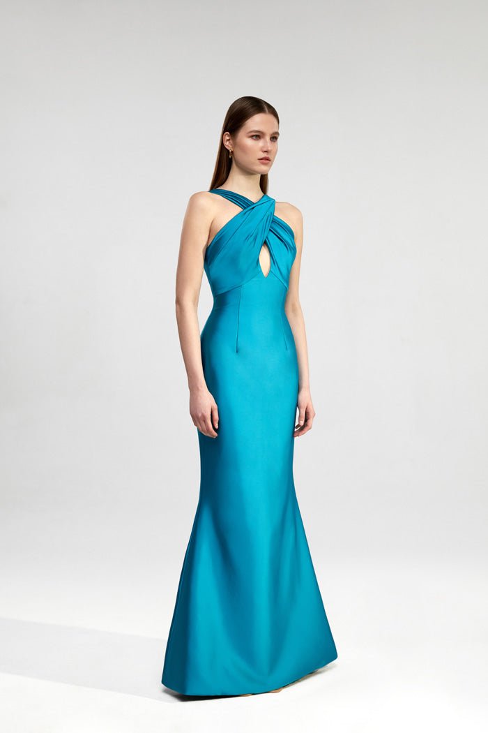 Open-back satin maxi dress with halterneck – Rasario
