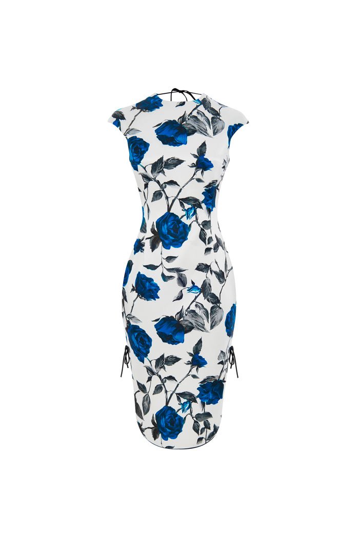 Printed satin long midi dress with an opened back – Rasario