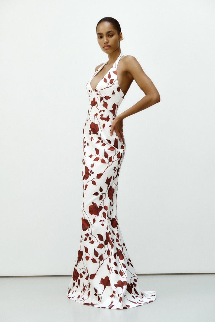 Printed satin maxi dress with train – Rasario