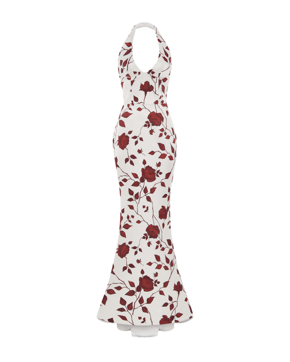 white and red floral maxi dress Printed satin with train – Color: White/Burgundy – RASARIO Online Boutique 36 (FR) / White/Burgundy alegance This dress features a Size:LARGE / 36 PANTS Dress Code Western Formal