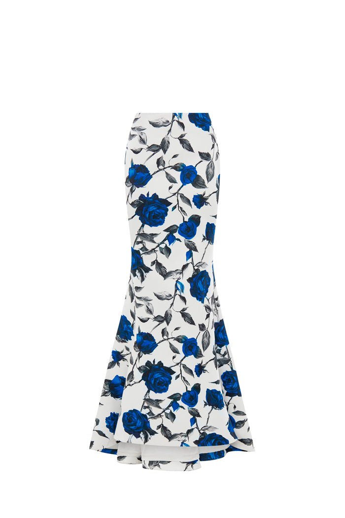 Printed satin maxi skirt with a train – Rasario