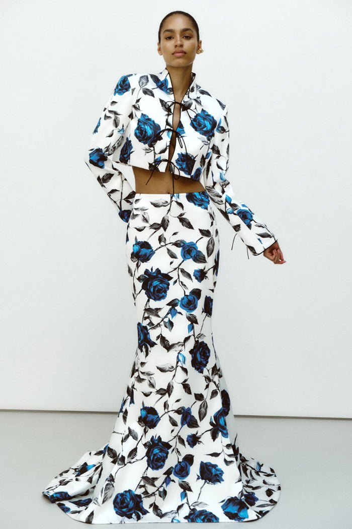 Printed satin maxi skirt with a train – Rasario