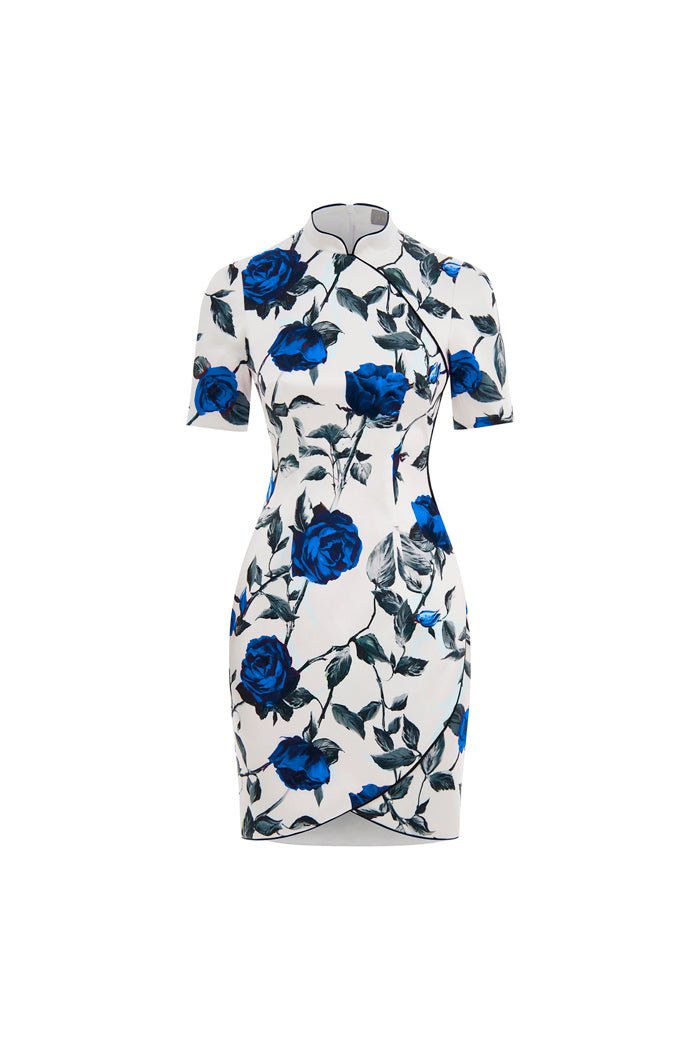 Printed satin mini dress with a slit – Rasario