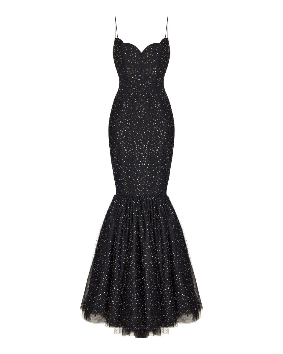Rhinestone tulle maxi dress with train – Rasario