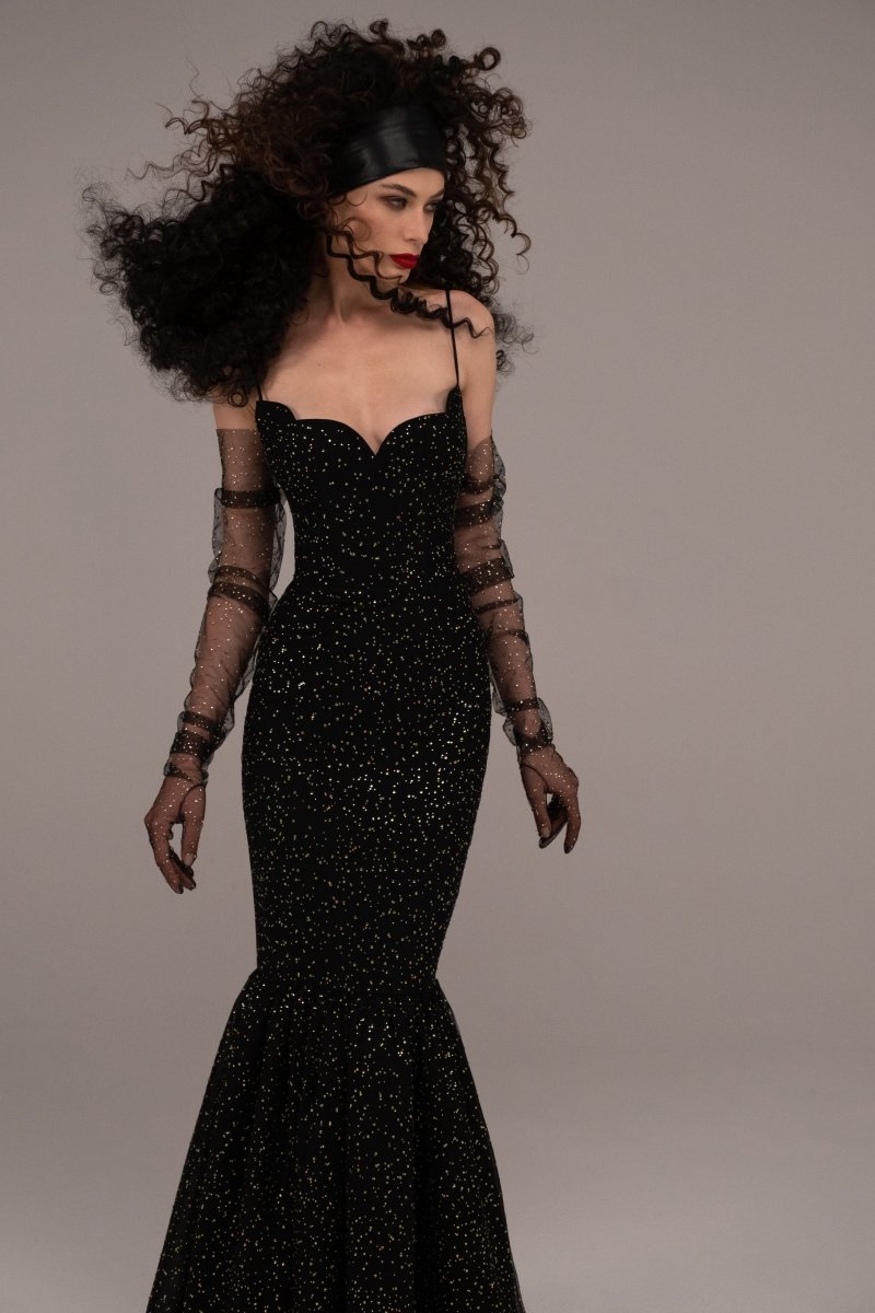 Rhinestone tulle maxi dress with train – Rasario
