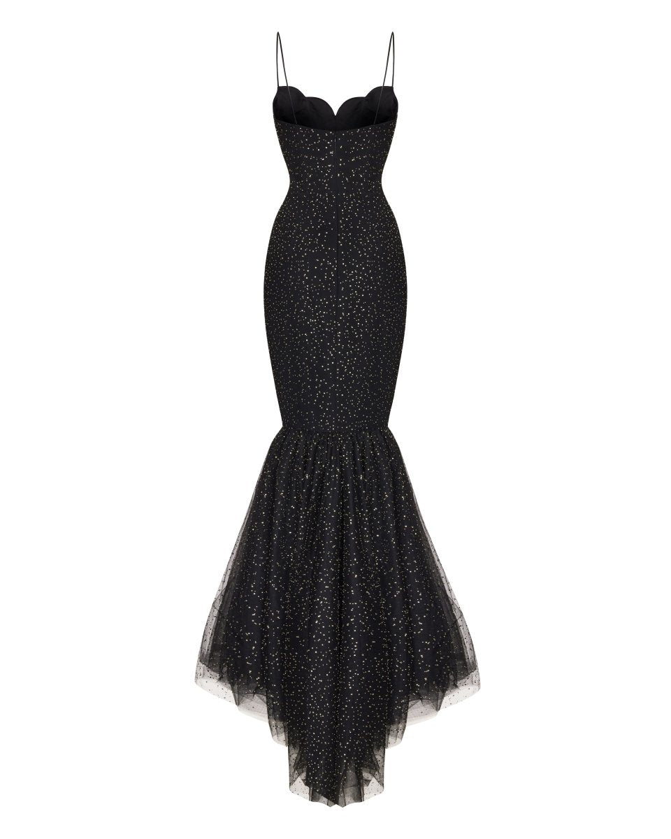Rhinestone tulle maxi dress with train – Rasario