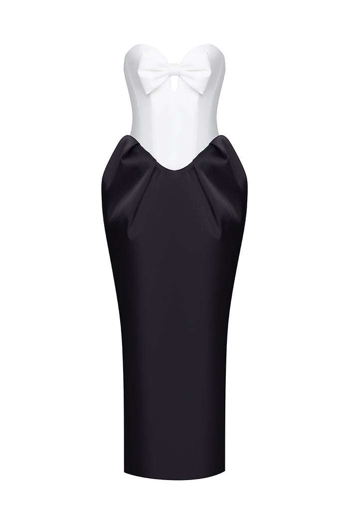 Satin corset long midi dress with a bow – Color: White-Black – RASARIO Online Boutique 46 (FR) / White-Black