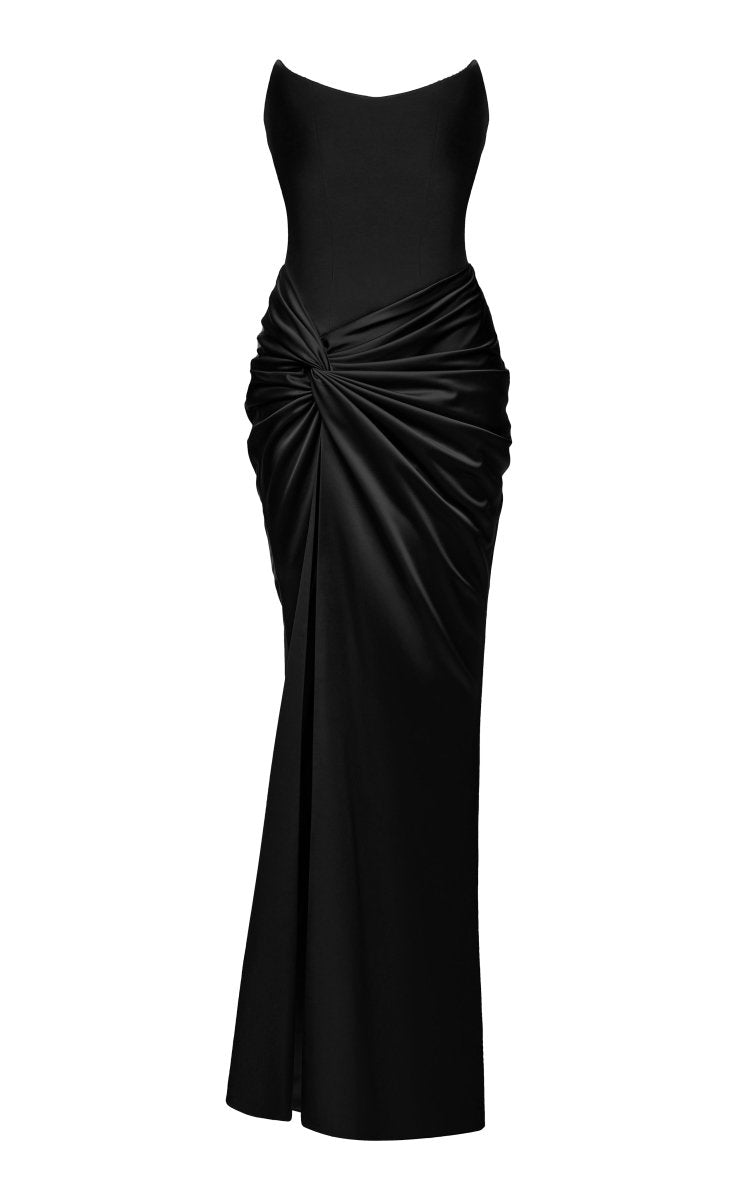 Satin corset maxi dress with draped skirt – Rasario