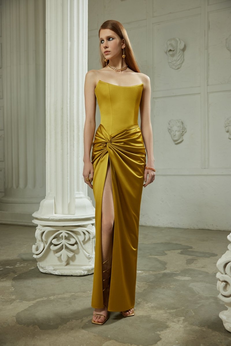 Satin corset maxi dress with draped skirt – Rasario