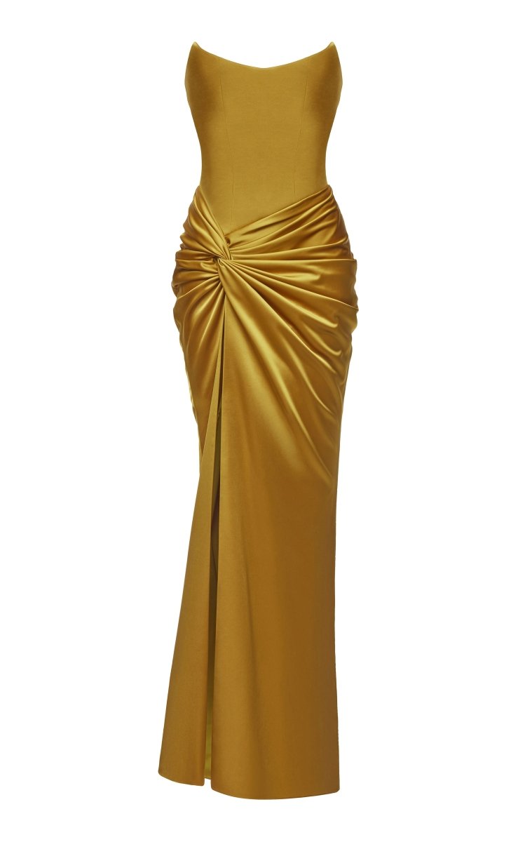 Satin corset maxi dress with draped skirt – Rasario