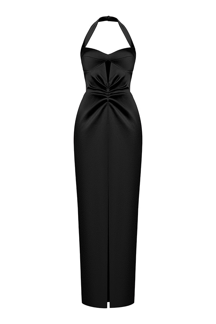 Satin draped long midi dress with a cutout – Rasario