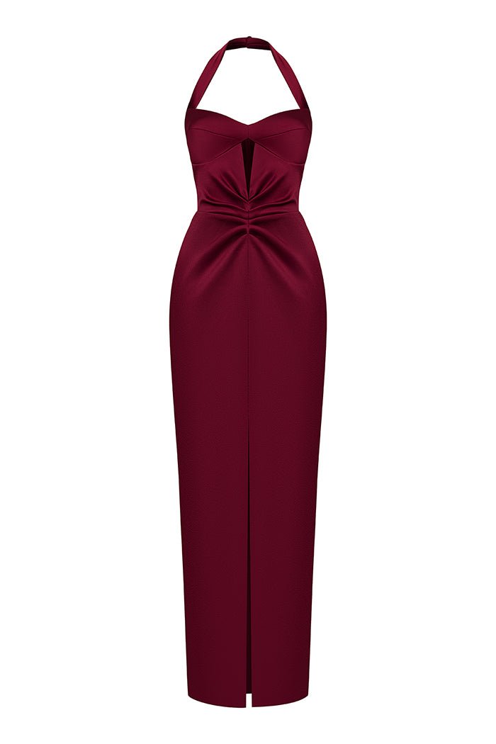 Rasario - Women's Draped Long Midi With Cutout Maxi Dress - Red - Satin