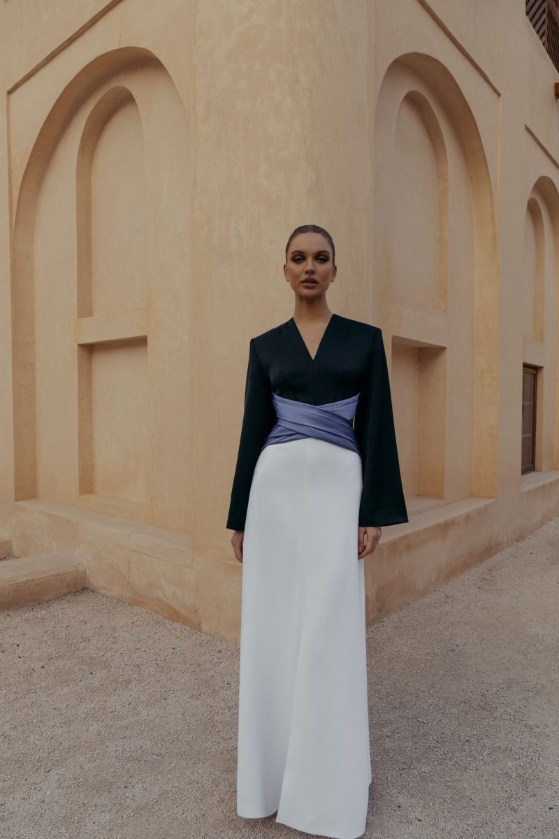 Satin front-slit maxi dress with draped belt – Rasario