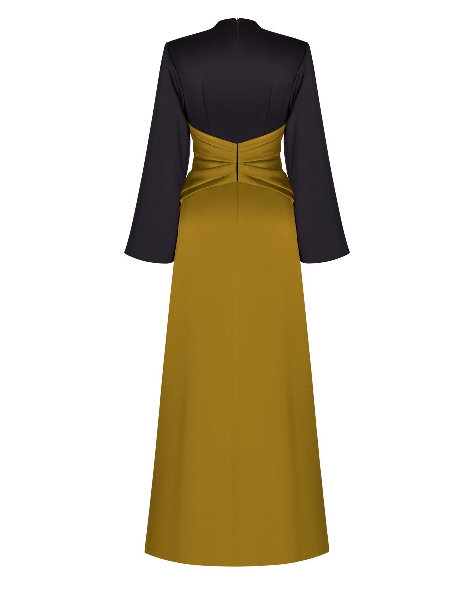 Satin front-slit maxi dress with draped belt – Rasario
