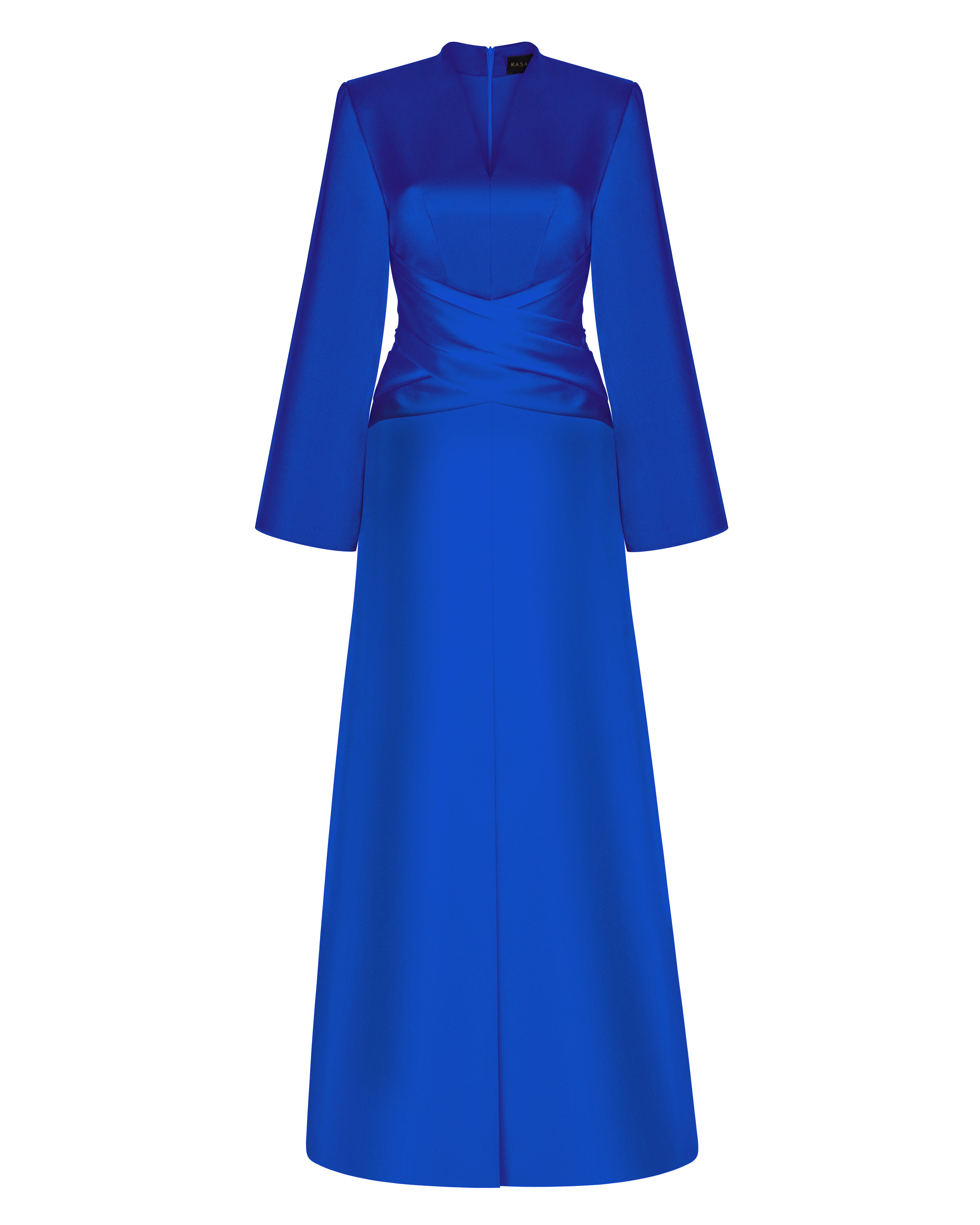 Satin front-slit maxi dress with draped belt – Rasario