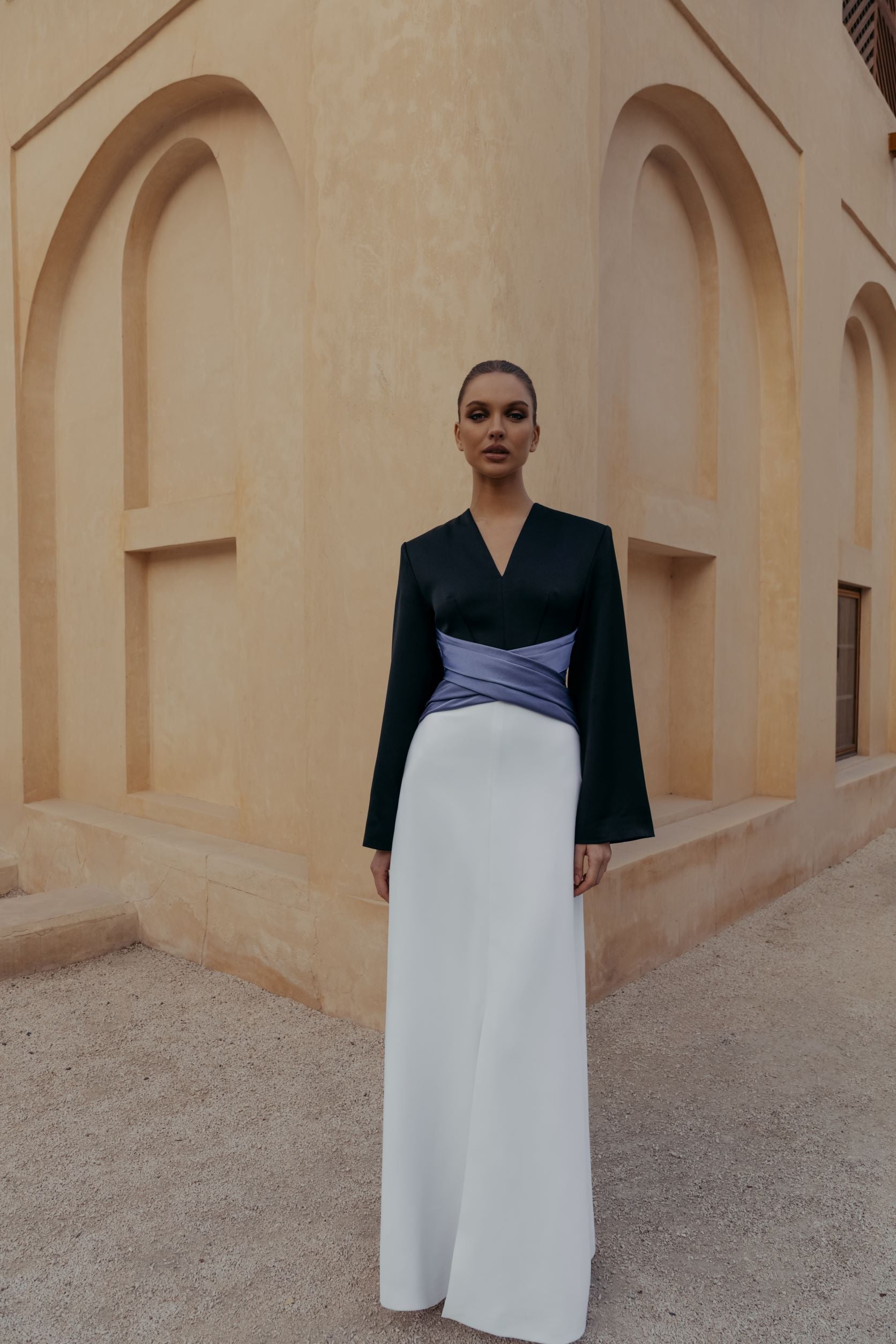 Satin front-slit maxi dress with draped belt – Rasario