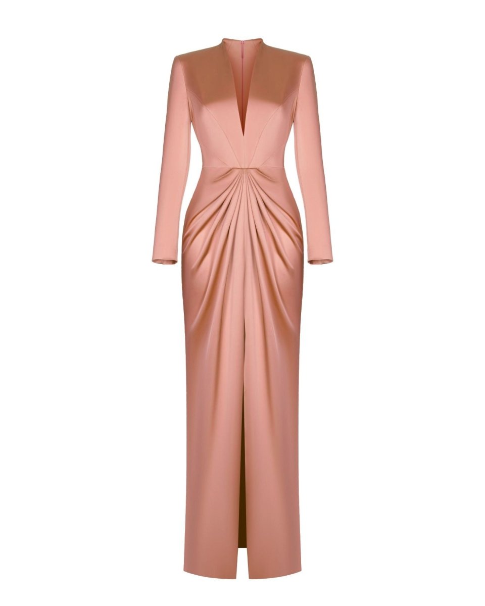 peach color formal dress Satin gown with draped skirt – Color: Dusty – RASARIO Online Boutique 59inches Button Front Rib Knit Variant:Nude/Champagne/Ivory size 14 Apr25Sale