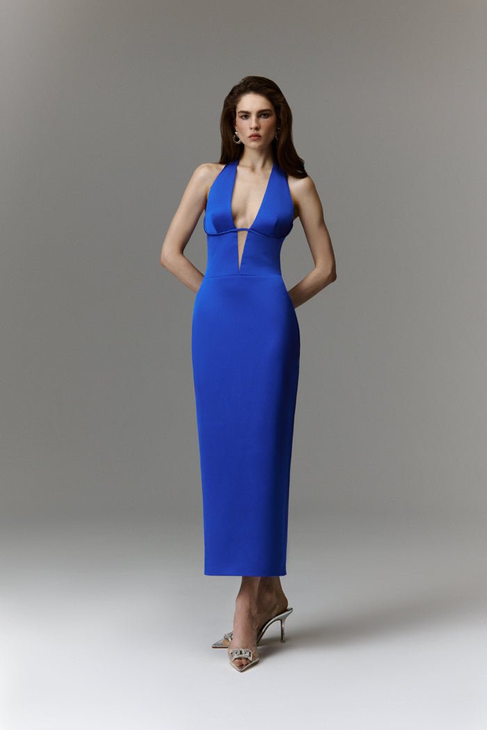 Satin long midi dress with a cutout – Rasario