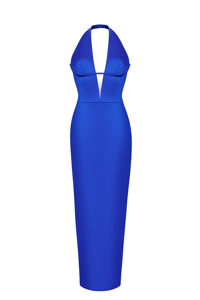 royal blue cut out dress Satin long midi with a cutout – Color: – RASARIO Online Boutique 40 (FR) / Blue closet_storage Size:6 US (8 EUR) Low front v neckline Black Polka Dot Tulle