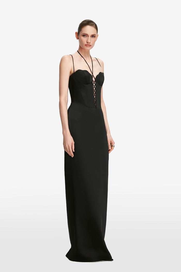 Seashell bustier satin maxi dress with lacing – Rasario