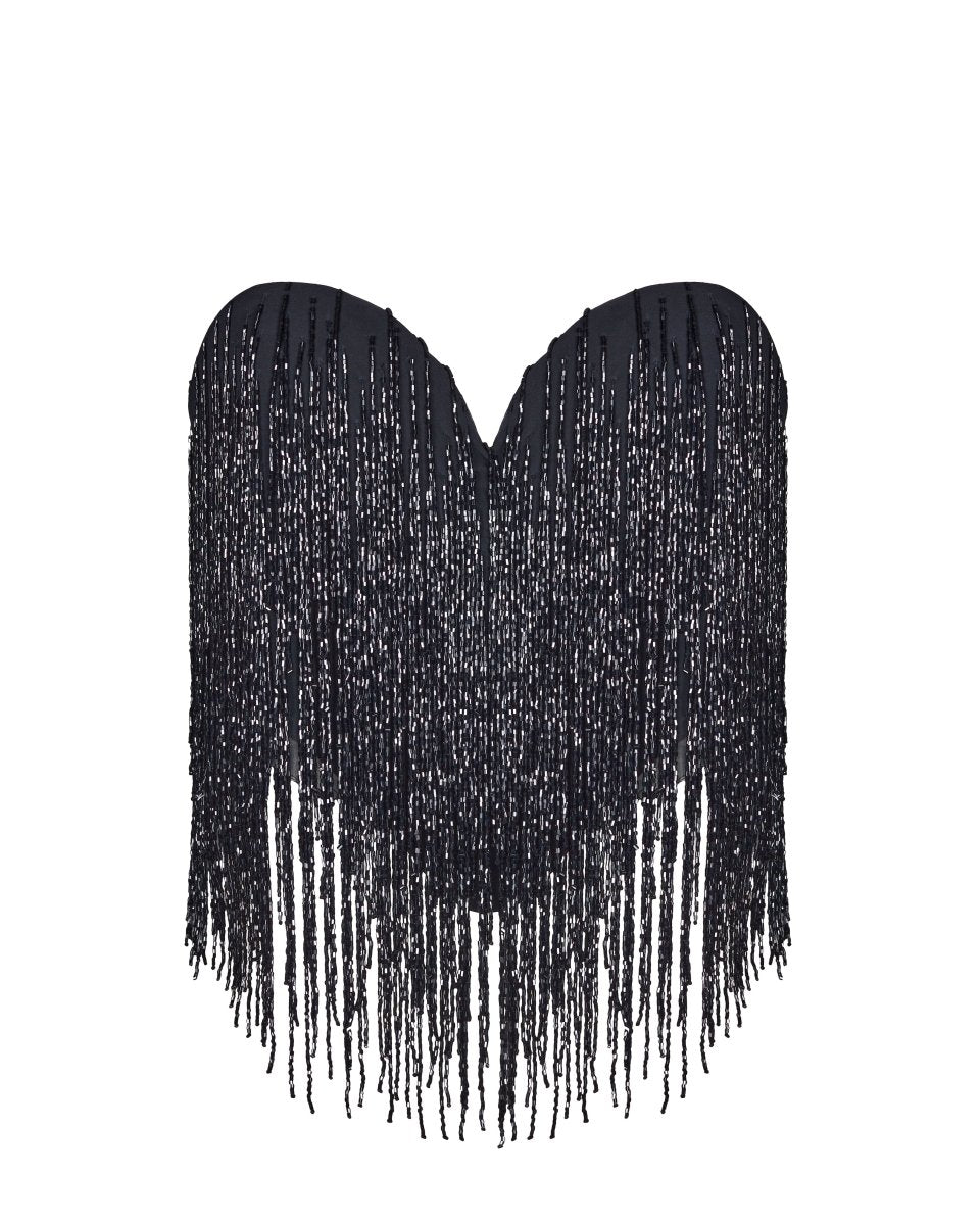 Sequined crepe corset top with beaded fringe with fringe – Rasario