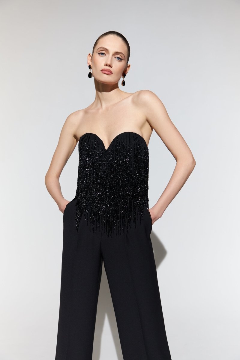 Sequined crepe corset top with beaded fringe with fringe – Rasario