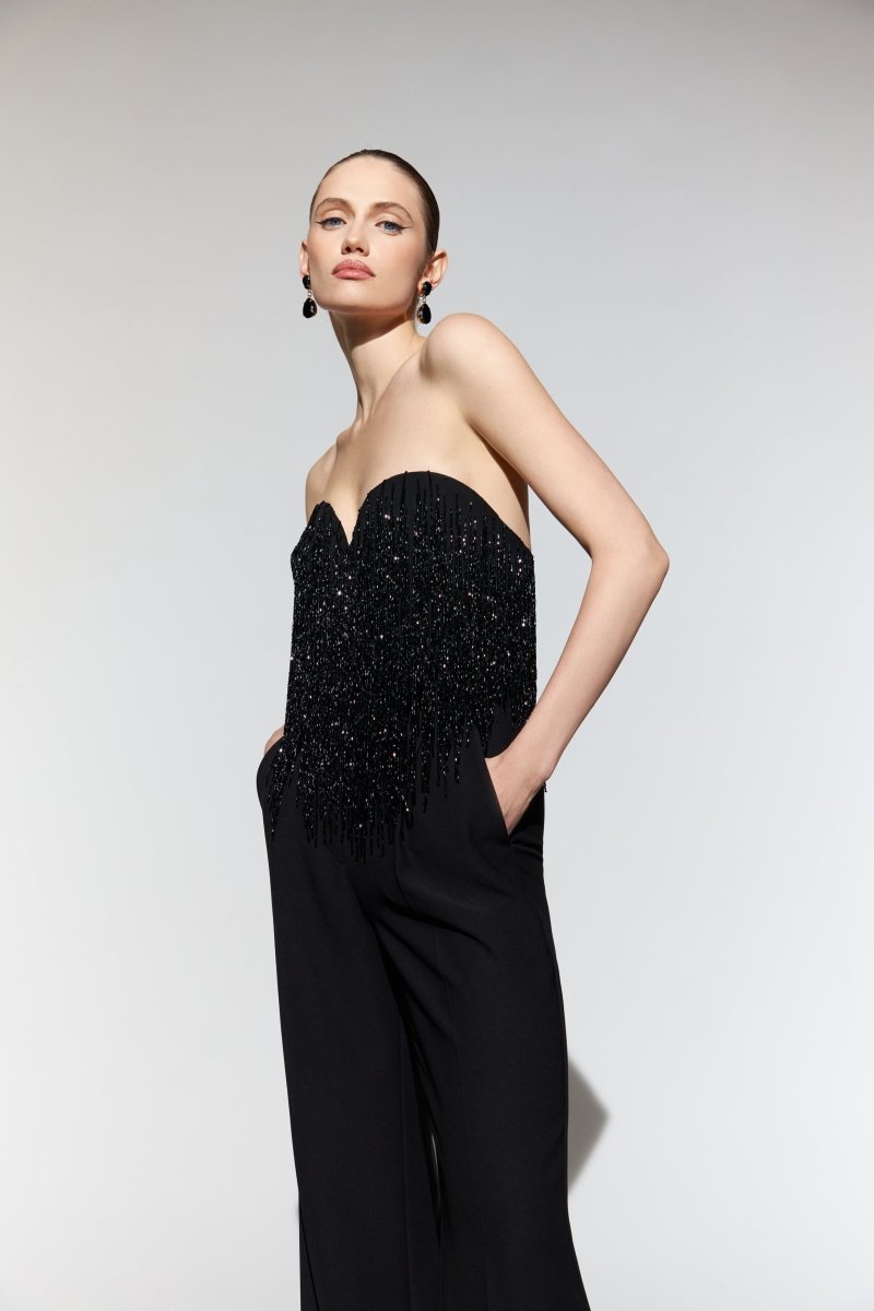 Sequined crepe corset top with beaded fringe with fringe – Rasario