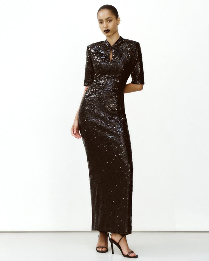 Sequinned long midi dress with an opened back and cutout – Rasario